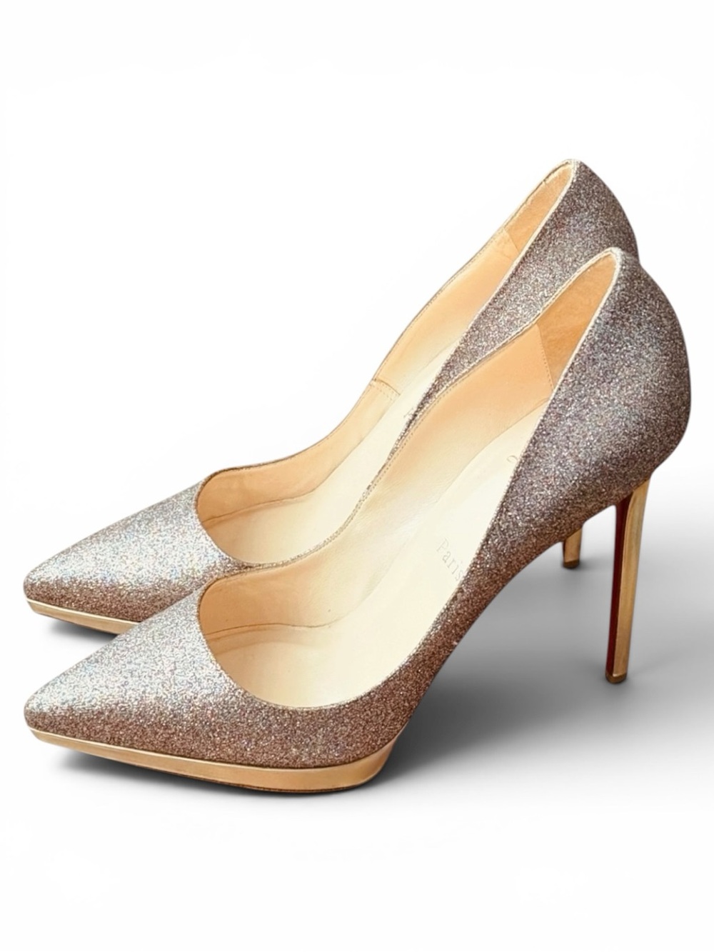 Christian Louboutin Glitter Pointed-Toe Pumps in Rose Gold